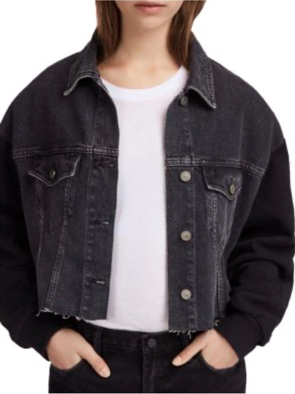 AllSaints Anders Mixed Media Cropped Denim Jacket: XS - Picture 2 of 13